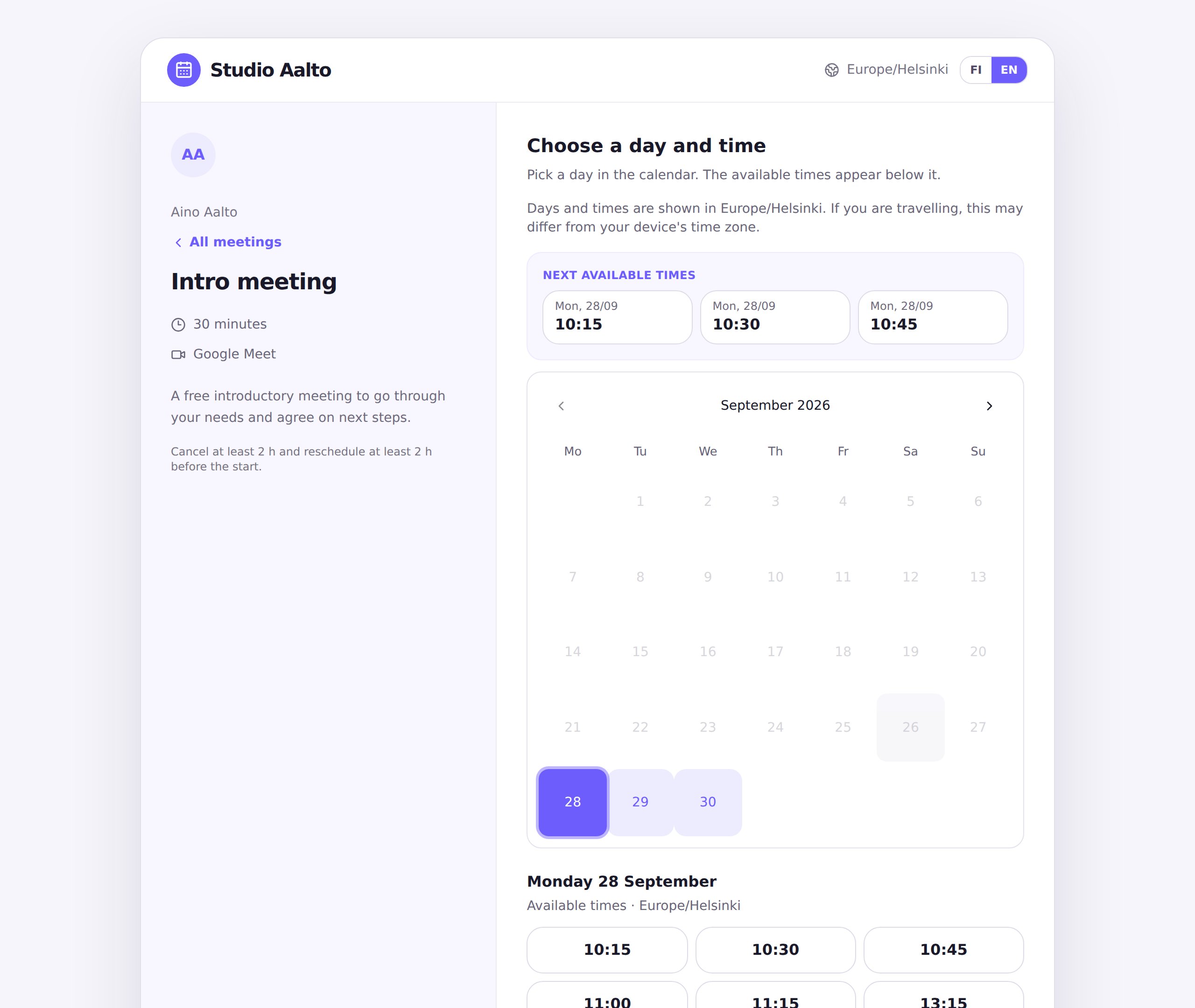 Calendo booking page with calendar and free times